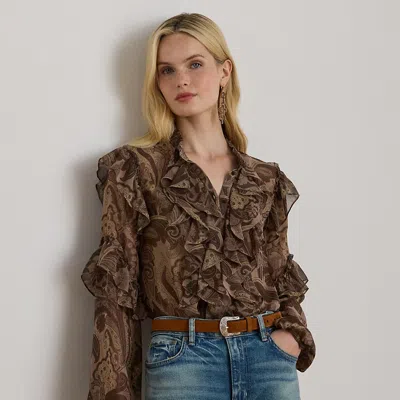 Ralph Lauren Paisley Ruffle-trim Chiffon Blouse In Brown