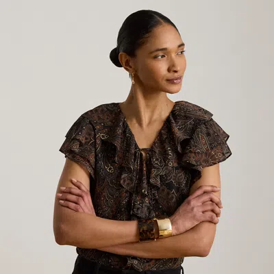 Ralph Lauren Paisley Ruffle-trim Georgette Blouse In Black Multi