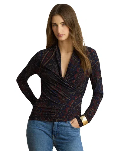 Ralph Lauren Paisley Stretch Crossover Neck Top In Black