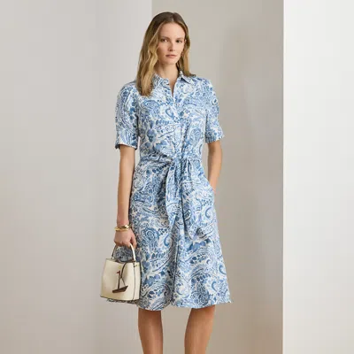 Ralph Lauren Paisley Tie-front Linen Shirtdress In White/blue