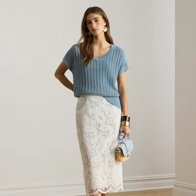 Ralph Lauren Paisley-eyelet Cotton Midi Pencil Skirt In White