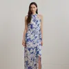 Ralph Lauren Palm-frond-print Georgette Halter Gown In Blue/white