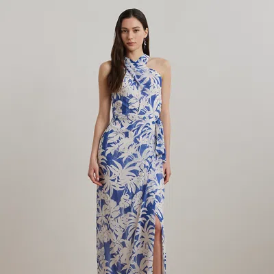 Ralph Lauren Palm-frond-print Georgette Halter Gown In Blue/white
