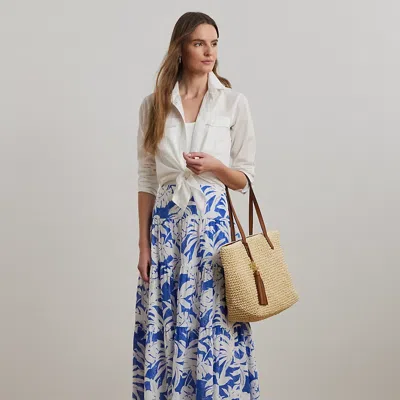 Ralph Lauren Palm-frond-print Voile Tiered Skirt In Blue/white
