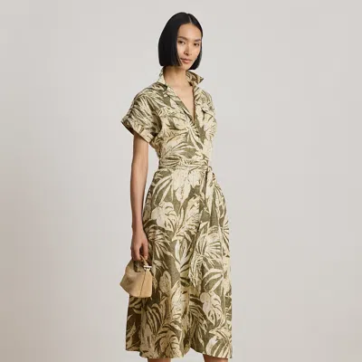 Ralph Lauren Palm-frond-print Linen Camp Shirtdress In Olive Multi