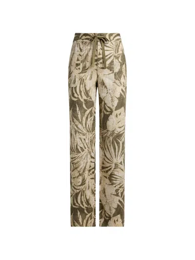 Ralph Lauren Palm-frond-print Linen Trousers In Green