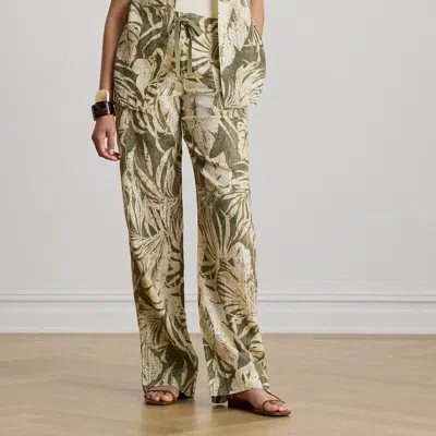 Ralph Lauren Palm-frond-print Linen Wide-leg Pant In Olive Multi
