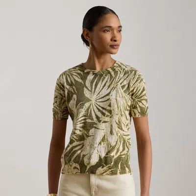 Ralph Lauren Palm-frond-print Short-sleeve Sweater In Olive Multi