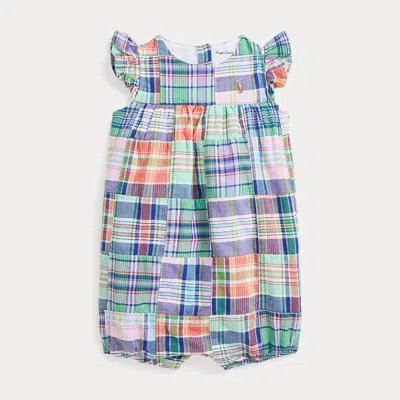 Ralph Lauren Babies' Patchwork Plaid Cotton Bubble Shortall In Navy Multi Patchwork
