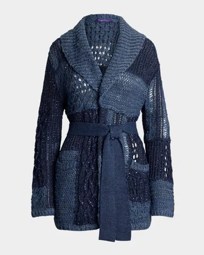 Ralph Lauren Patchwork Silk-linen Belted Cardigan In Blue Mu