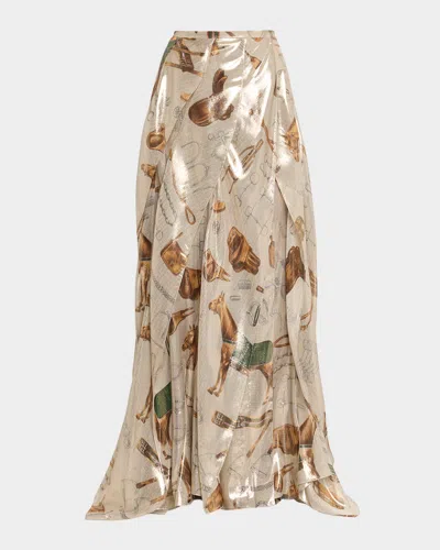 Ralph Lauren Patricia Equestrian-print Lamé Maxi Skirt In Neutral