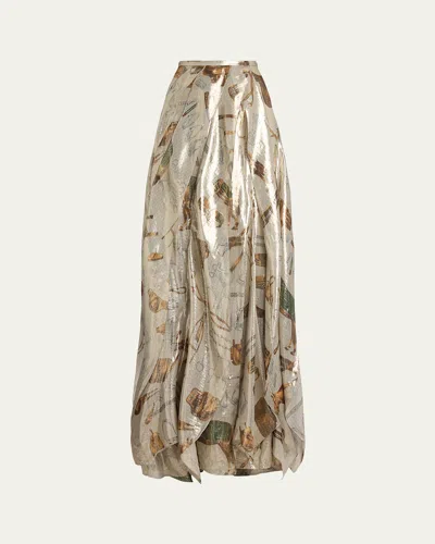 Ralph Lauren Patricia Equestrian-print Lamé Maxi Skirt In Silver