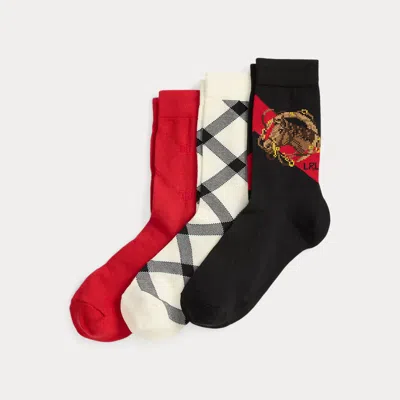 Ralph Lauren Patterned Cotton-blend Crew Sock 3-pack In Black