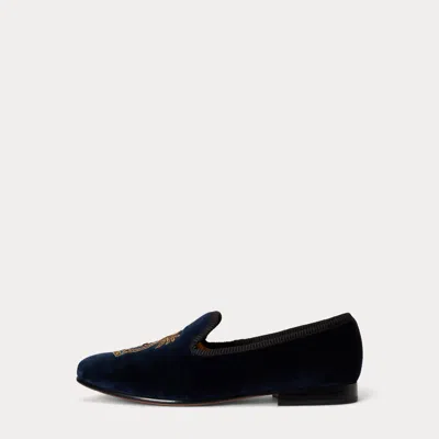 Polo Ralph Lauren Paxton Crest Velvet Slipper In Navy In Blue