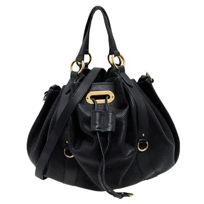 Ralph Lauren Perforated Leather Drawstring Hobo In Black