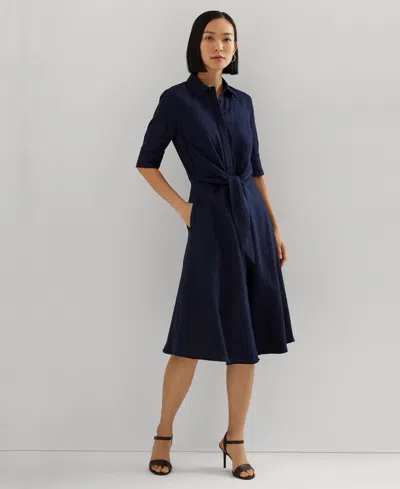 Ralph Lauren Petite 100% Linen Tie-front Shirtdress In Blue