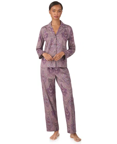 Ralph Lauren Petite 2 Piece Long Sleeve Top And Pants Pajama Set In Purple