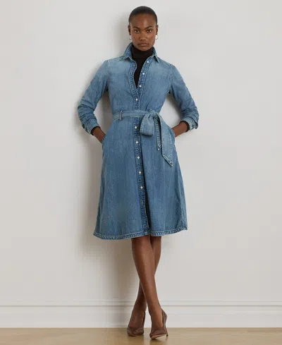 Ralph Lauren Petite Belted Denim Shirtdress In Blue