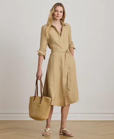 Ralph Lauren Petite Belted Linen Long-sleeve Maxi Dress In Brown