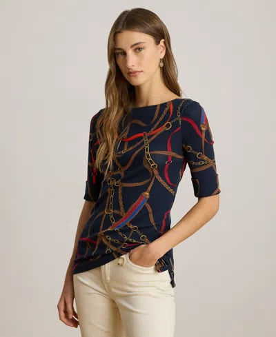 Ralph Lauren Petite Belting-print Cotton Boatneck T-shirt In Black