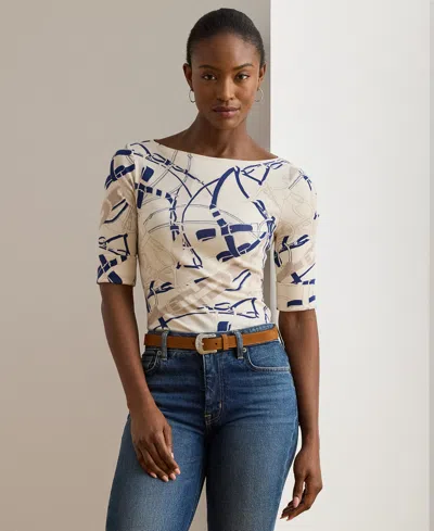 Ralph Lauren Petite Belting-print Cotton Boatneck Tee In Multi