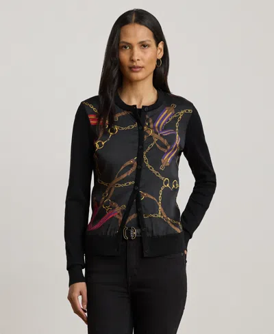Ralph Lauren Petite Belting-print Long-sleeve Cardigan Sweater In Multi