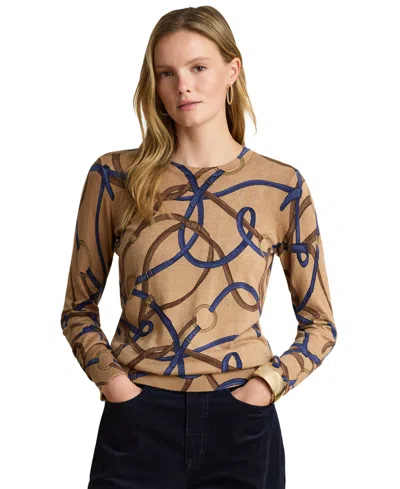 Ralph Lauren Petite Belting-print Cotton-modal Crewneck Sweater In Brown