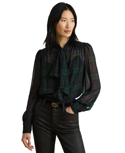 Ralph Lauren Petite Black Watch Tie-neck Plaid Blouse In Multi