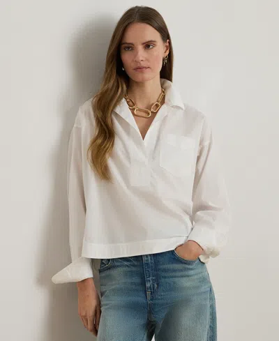 Ralph Lauren Petite Broadcloth Spread Collar Cropped Shirt In White