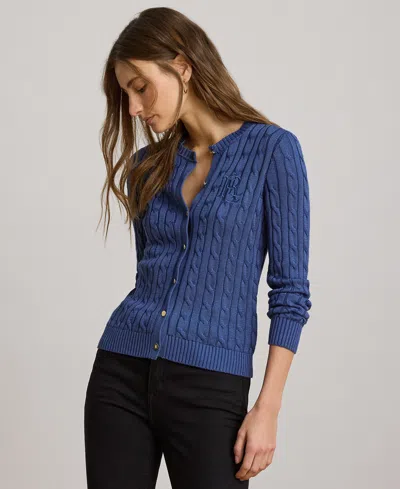Ralph Lauren Petite Cable-knit Button-front Long-sleeve Cardigan In Blue