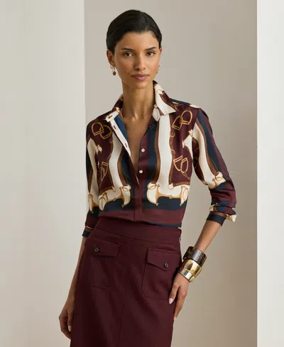 Ralph Lauren Petite Classic Fit Equestrian-print Twill Shirt In Burgundy
