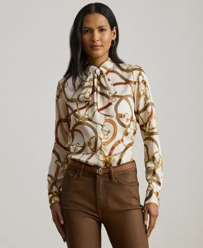 Ralph Lauren Petite Classic-fit Print Twill Tie-neck Shirt In Multi