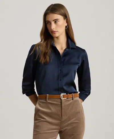 Ralph Lauren Petite Classic Fit Satin Charmeuse Shirt In Blue