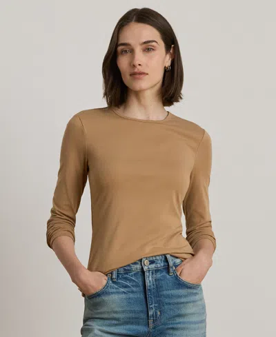 Ralph Lauren Petite Cotton Long-sleeve Crewneck Top In Brown