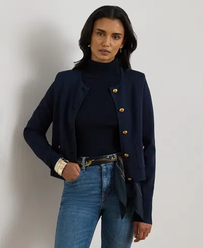 Ralph Lauren Petite Cropped Crewneck Sweater Jacket In Blue