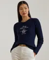Ralph Lauren Petite Embroidered-crest Crewneck Sweater In Blue