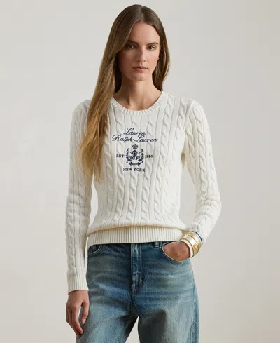 Ralph Lauren Petite Embroidered-crest Crewneck Sweater In White