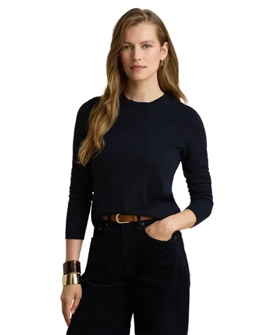 Ralph Lauren Petite Embroidered-logo Cotton-modal Sweater In Blue