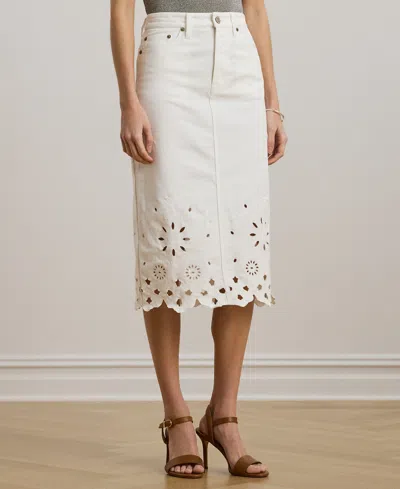 Ralph Lauren Petite Eyelet Denim Midi Skirt