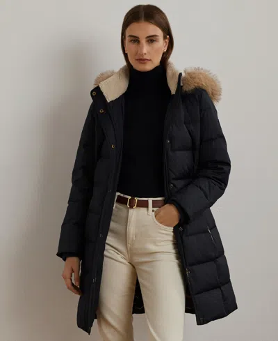 Ralph Lauren Petite Faux-fur-trim Hooded Puffer Coat In Blue