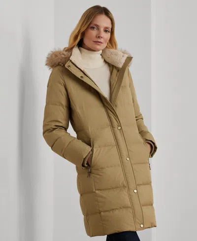Ralph Lauren Petite Faux-fur-trim Hooded Puffer Coat In Nude