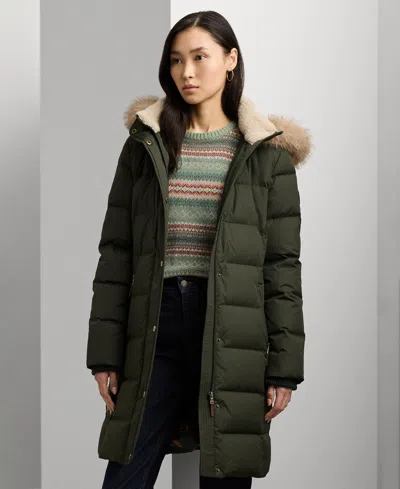 Ralph Lauren Petite Faux-fur-trim Hooded Puffer Coat In Green