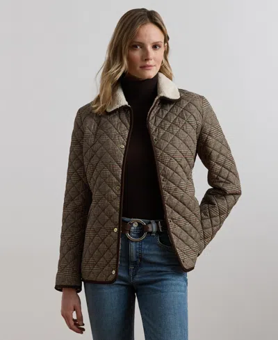 Ralph Lauren Petite Faux-sherpa-collar Quilted Coat In Brown