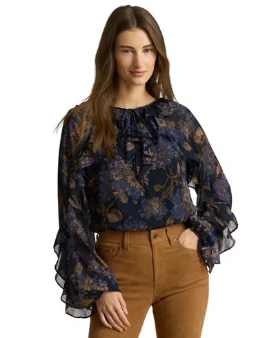 Ralph Lauren Petite Floral Crinkle Georgette Ruffle-trim Tie-neck Blouse In Blue