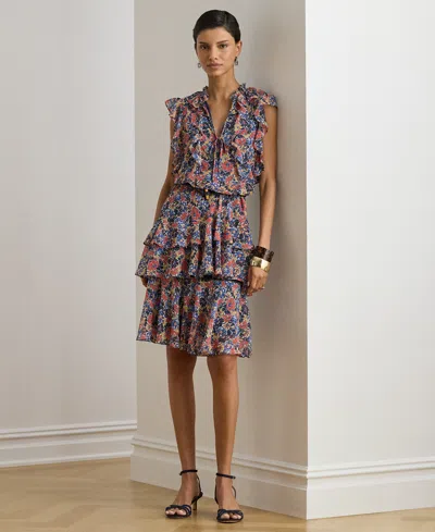 Ralph Lauren Petite Floral Ruffle-trim Georgette Short Dress In Multi