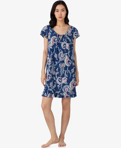 Ralph Lauren Petite Flutter Sleeve Keyhole Neck Nightgown In Blue