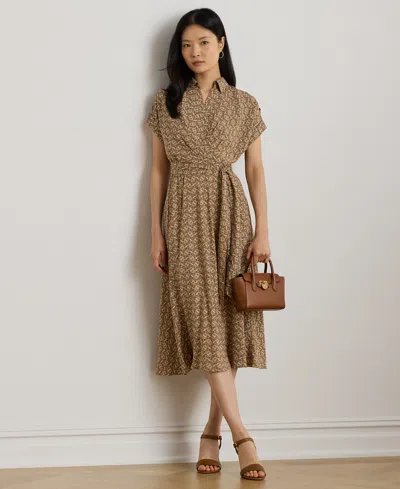 Ralph Lauren Petite Geo-print Belted Crepe Dress In Brown