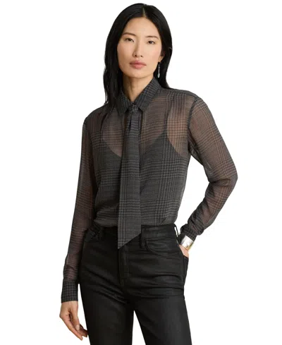 Ralph Lauren Petite Glen Plaid Tie-neck Sheer Blouse In Black