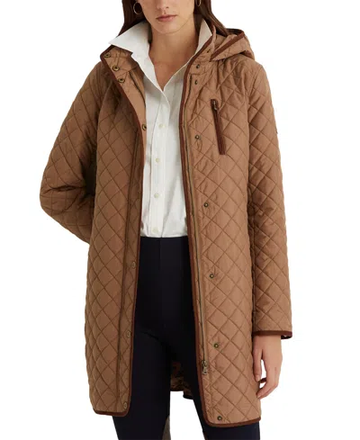 RALPH LAUREN PETITE HOODED QUILTED FAUX-SUEDE-TRIM COAT