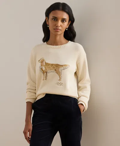 Ralph Lauren Petite Intarsia Golden Retriever Sweater In White